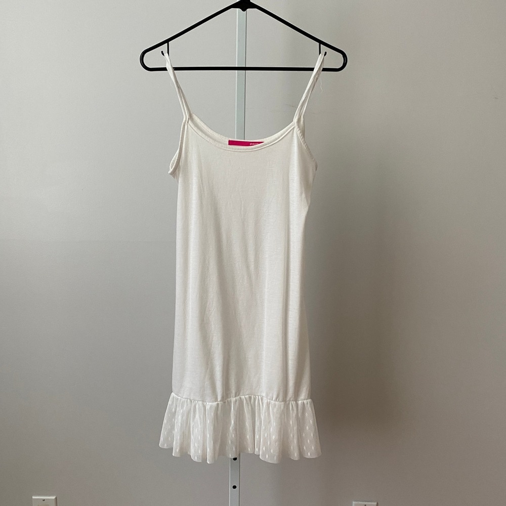 Pinkyotto Womens White Sleeveless Ruffle Hem Swiss Dot Mini Slip Dress